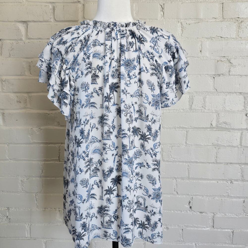 Rose + Olive Coastal Blue White Tropical Toile Flutter Sleeve Tassel Neck Blouse - Picture 3 of 11